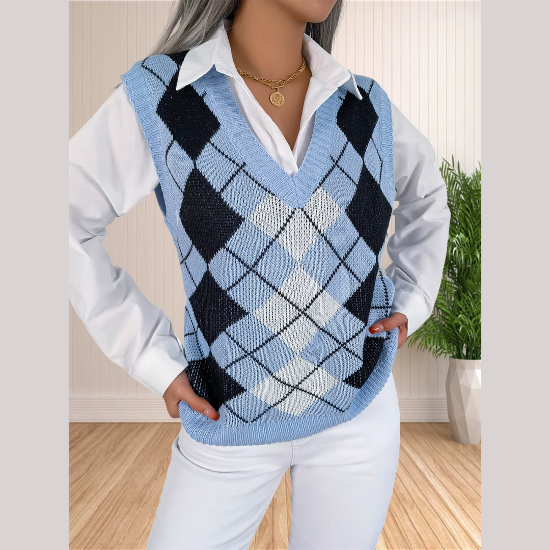 Paula | Women’s argyle knit sweater vest with v-neck design