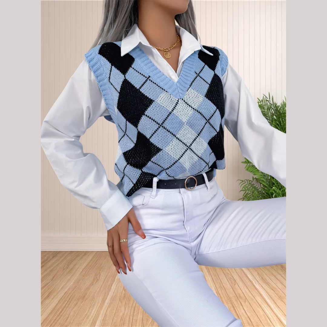 Paula | Women’s argyle knit sweater vest with v-neck design