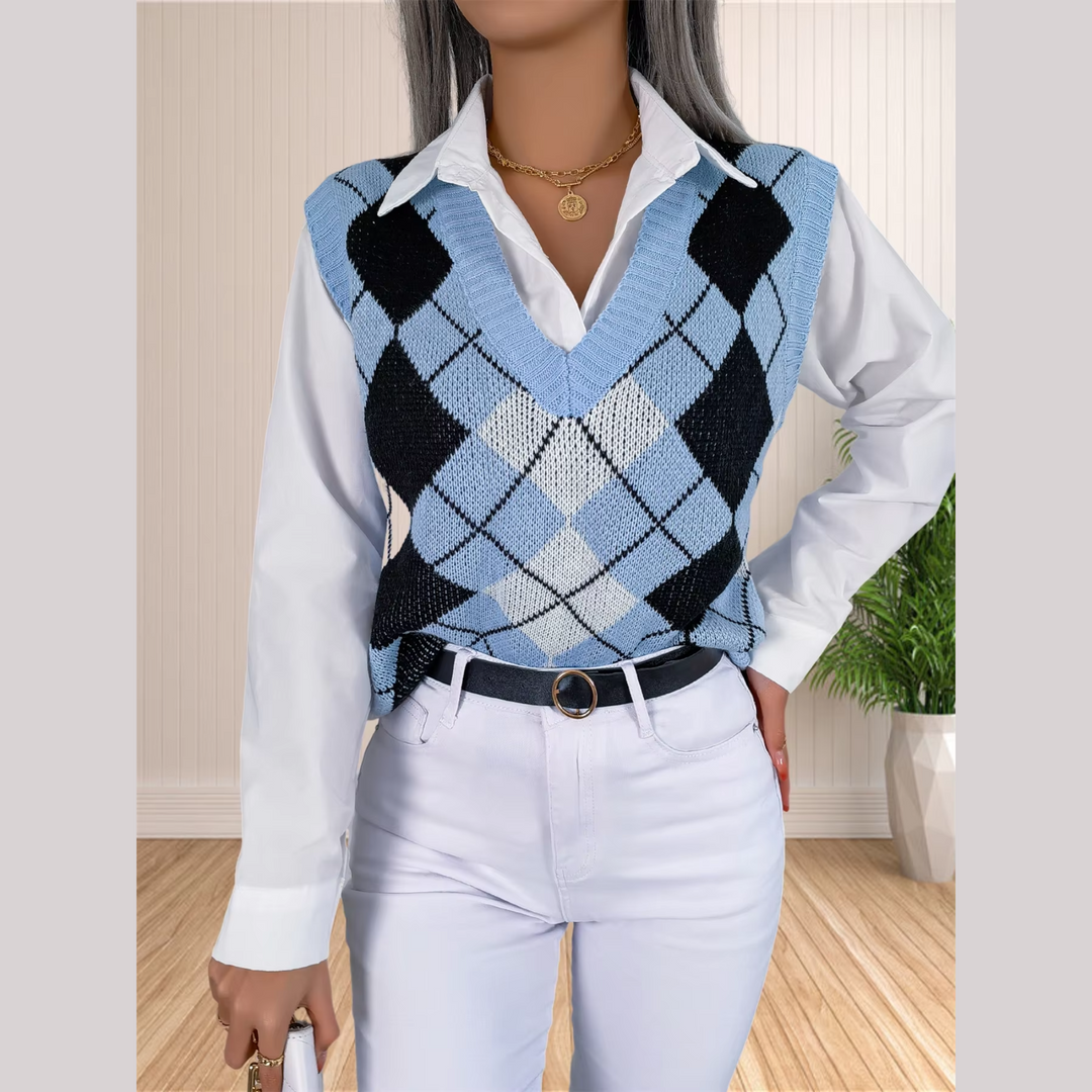 Paula | Women’s argyle knit sweater vest with v-neck design