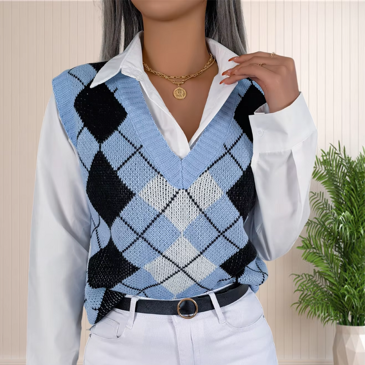 Paula | Women’s argyle knit sweater vest with v-neck design