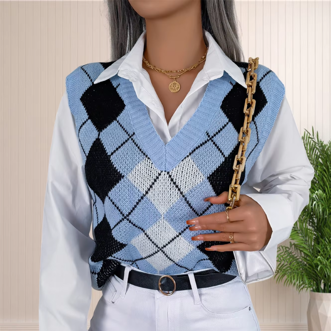 Paula | Women’s argyle knit sweater vest with v-neck design