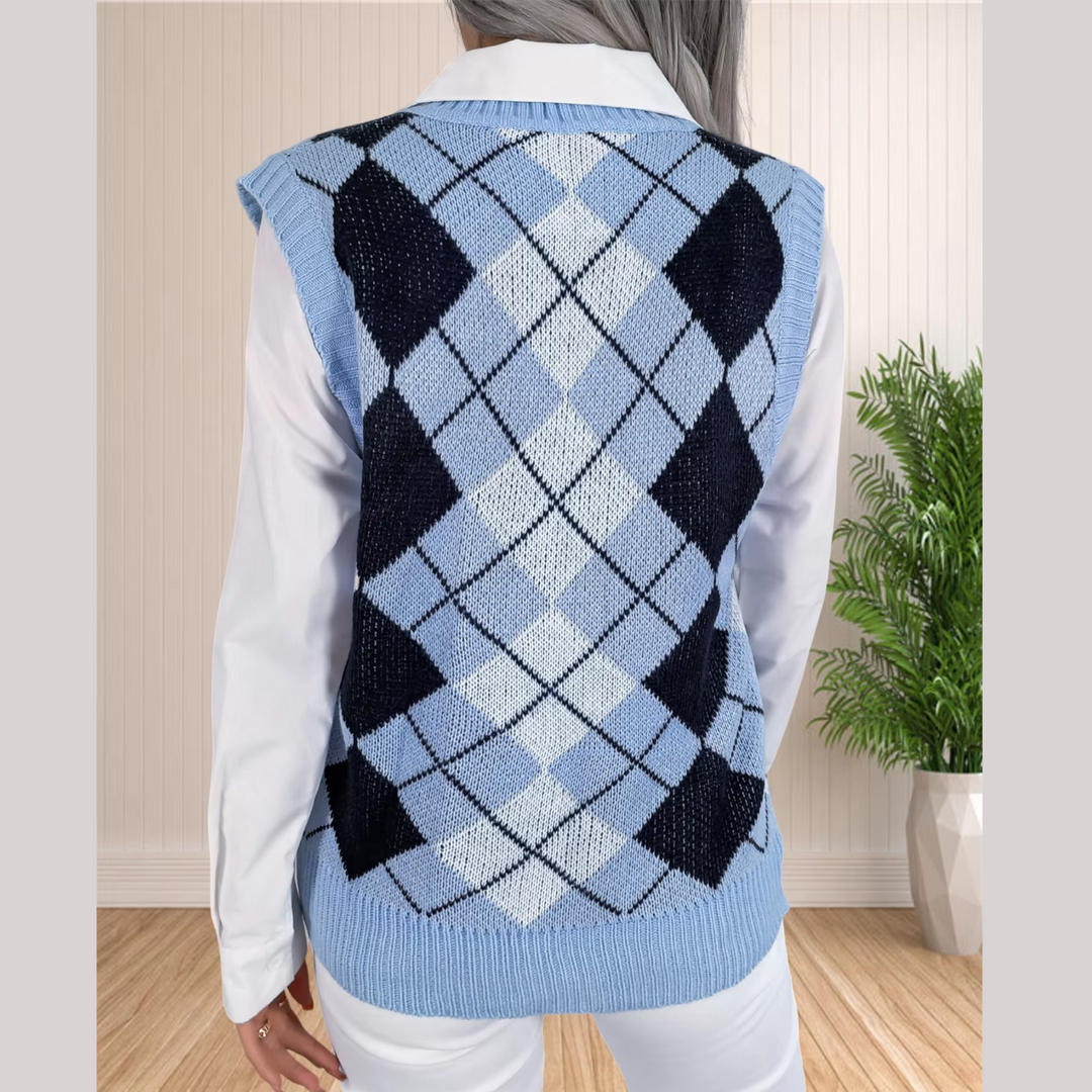 Paula | Women’s argyle knit sweater vest with v-neck design