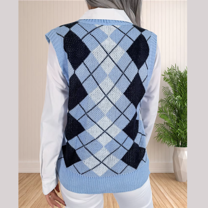 Paula | Women’s argyle knit sweater vest with v-neck design
