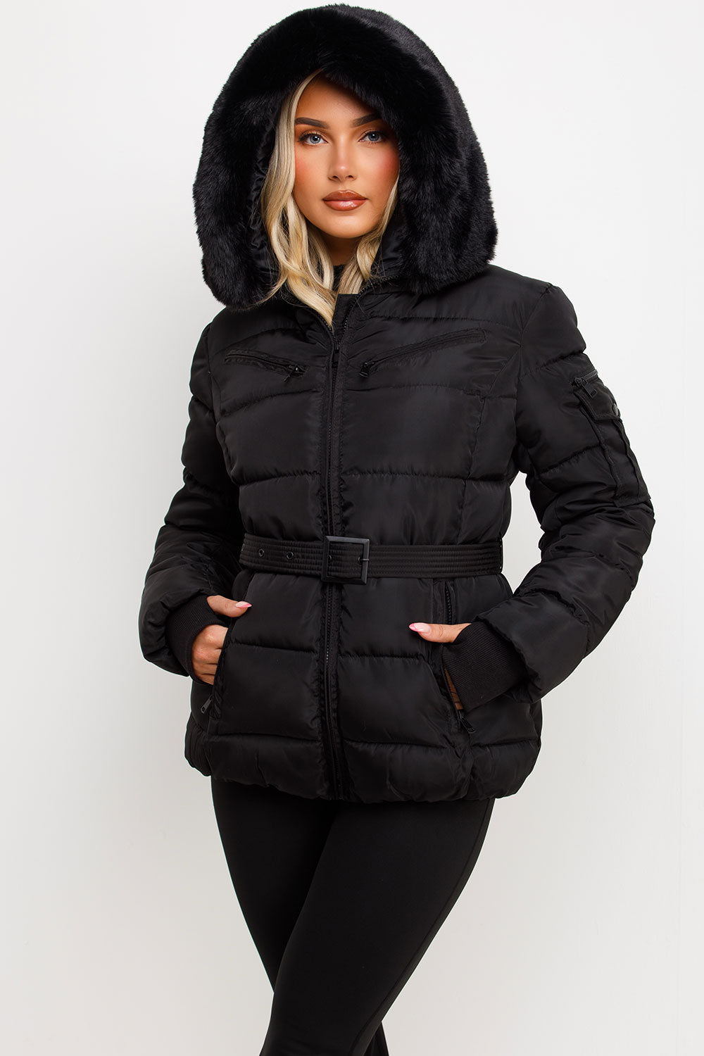 Brinlee | Women’s belted puffer jacket with faux fur hood