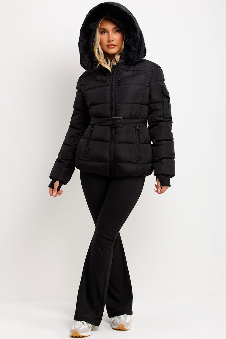 Brinlee | Women’s belted puffer jacket with faux fur hood