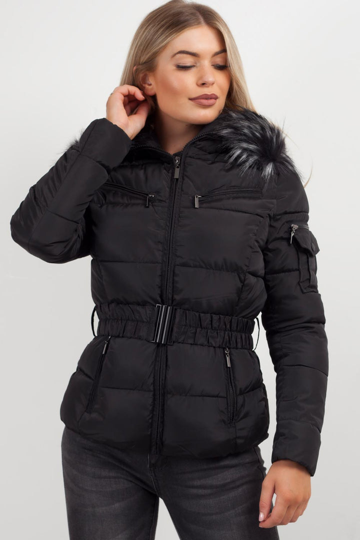 Lux | Women’s belted puffer jacket with faux-fur hood