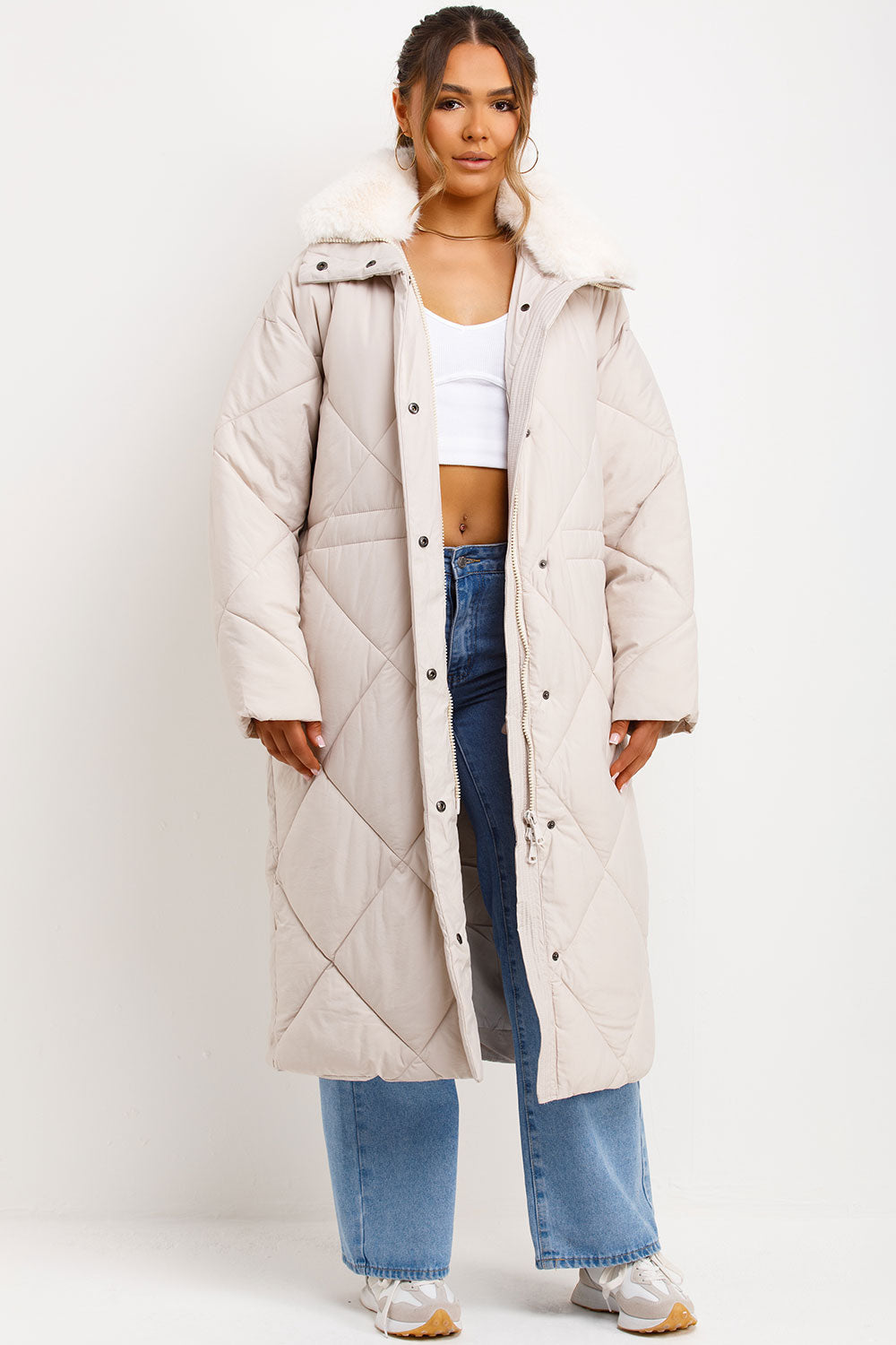 Wrenlee | Women’s long puffer quilted winter coat with faux fur collar