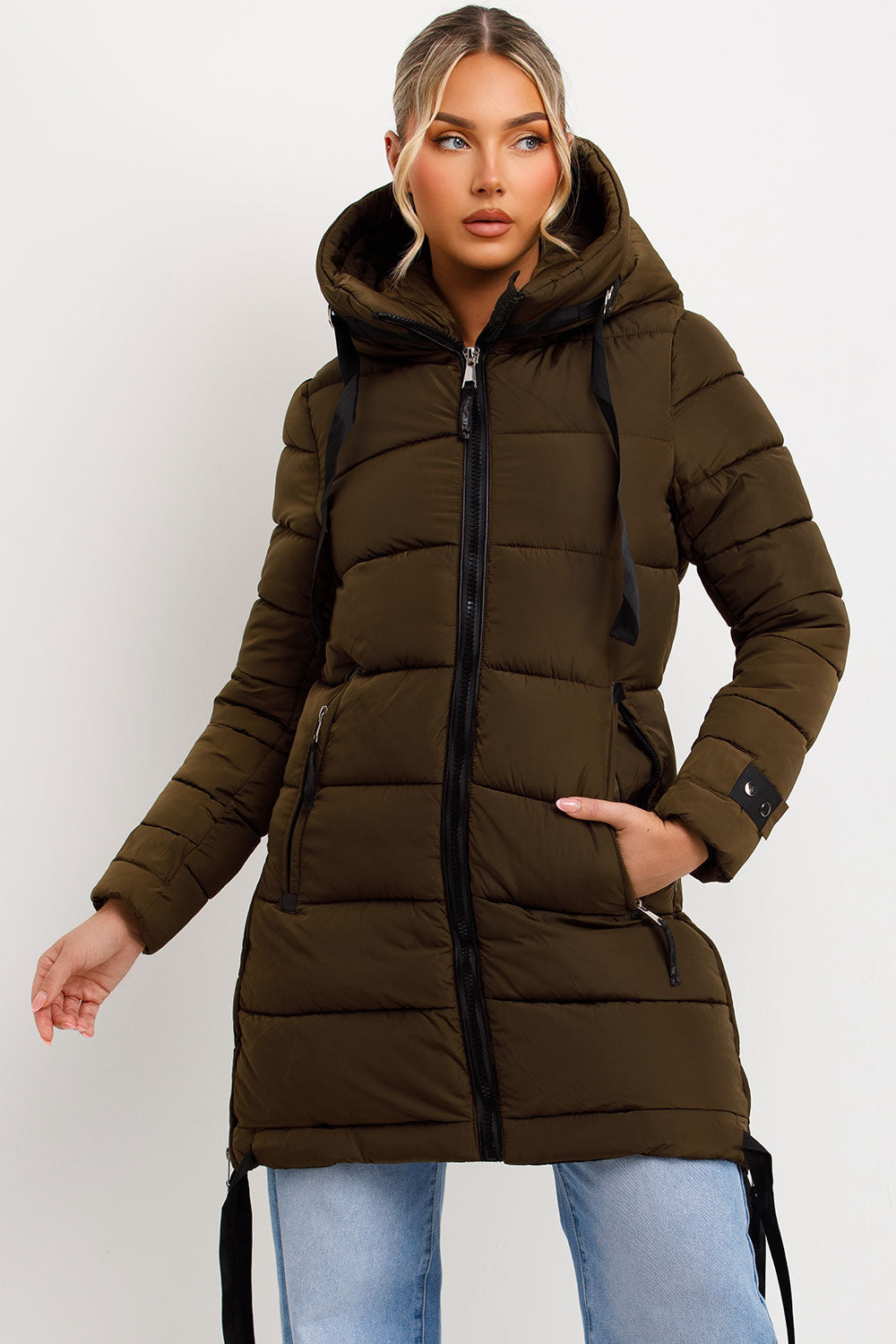 Kaeli | Women’s long puffer coat with hood and side straps