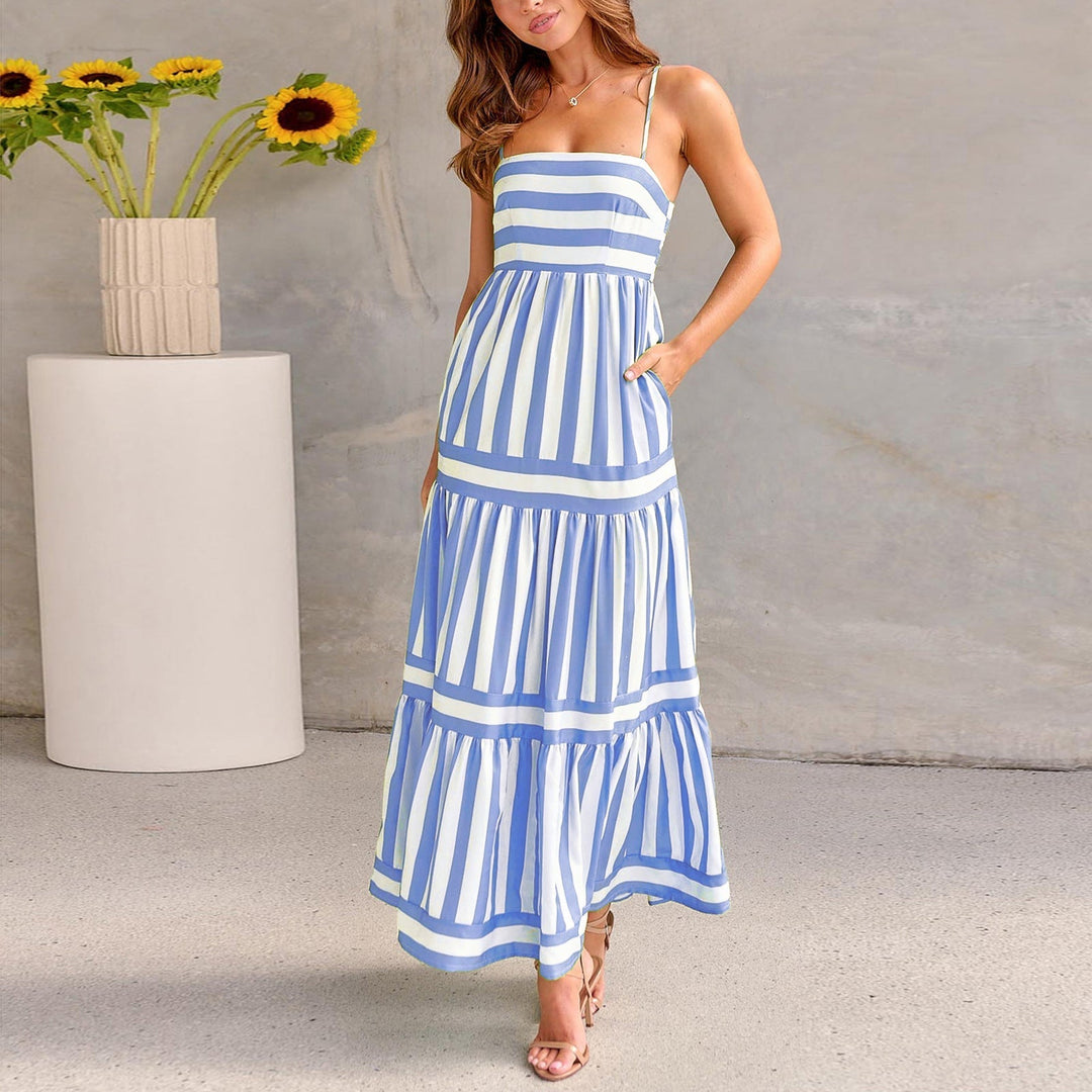Aveline | Striped maxi sundress with spaghetti straps and tiered skirt