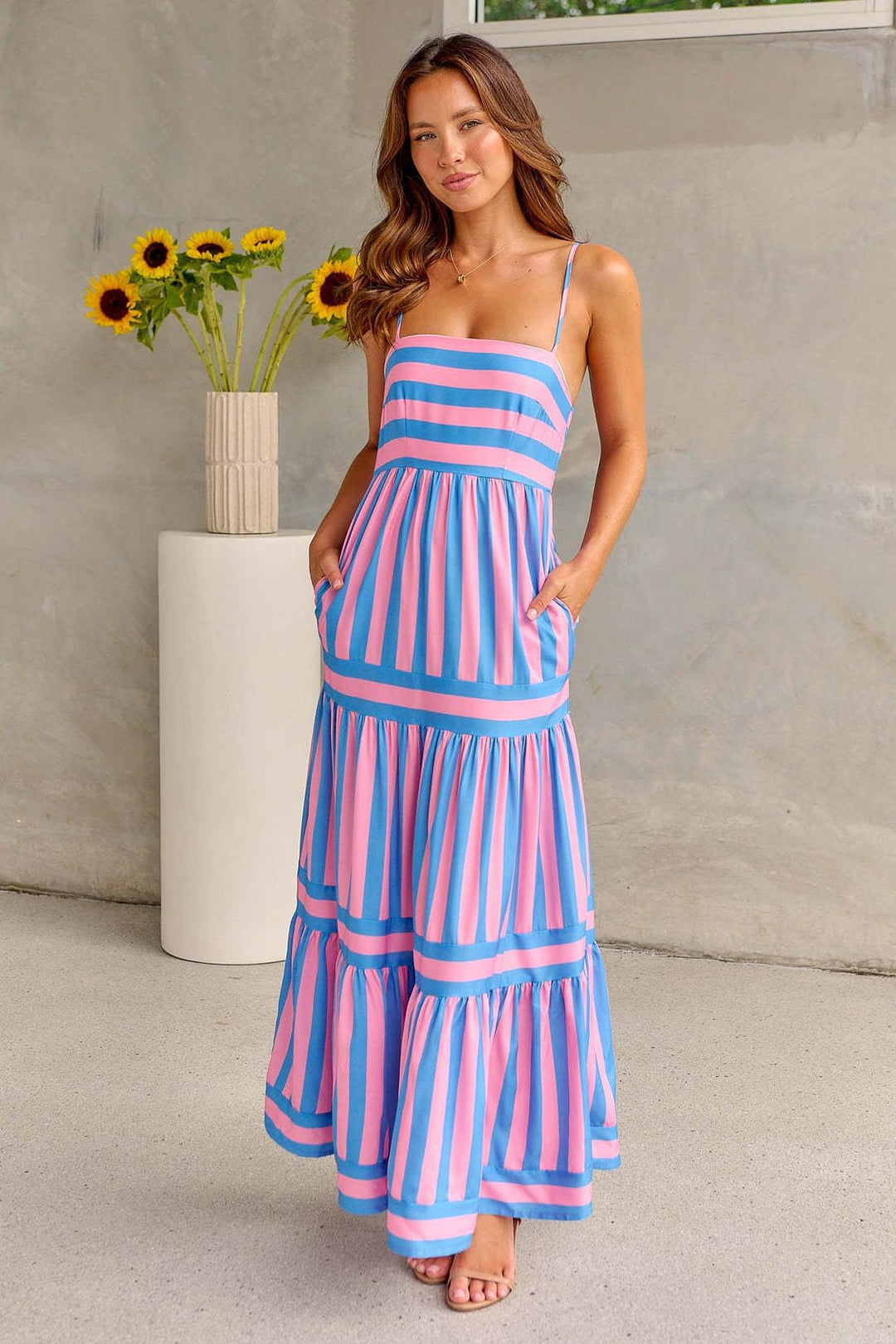 Aveline | Striped maxi sundress with spaghetti straps and tiered skirt