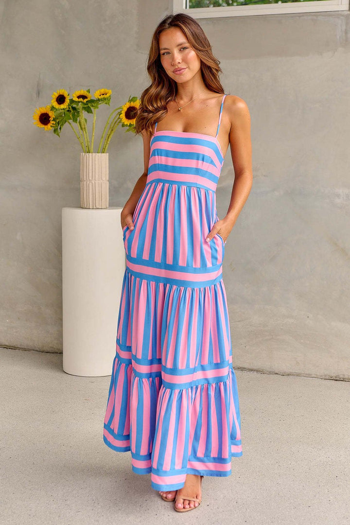 Aveline | Striped maxi sundress with spaghetti straps and tiered skirt